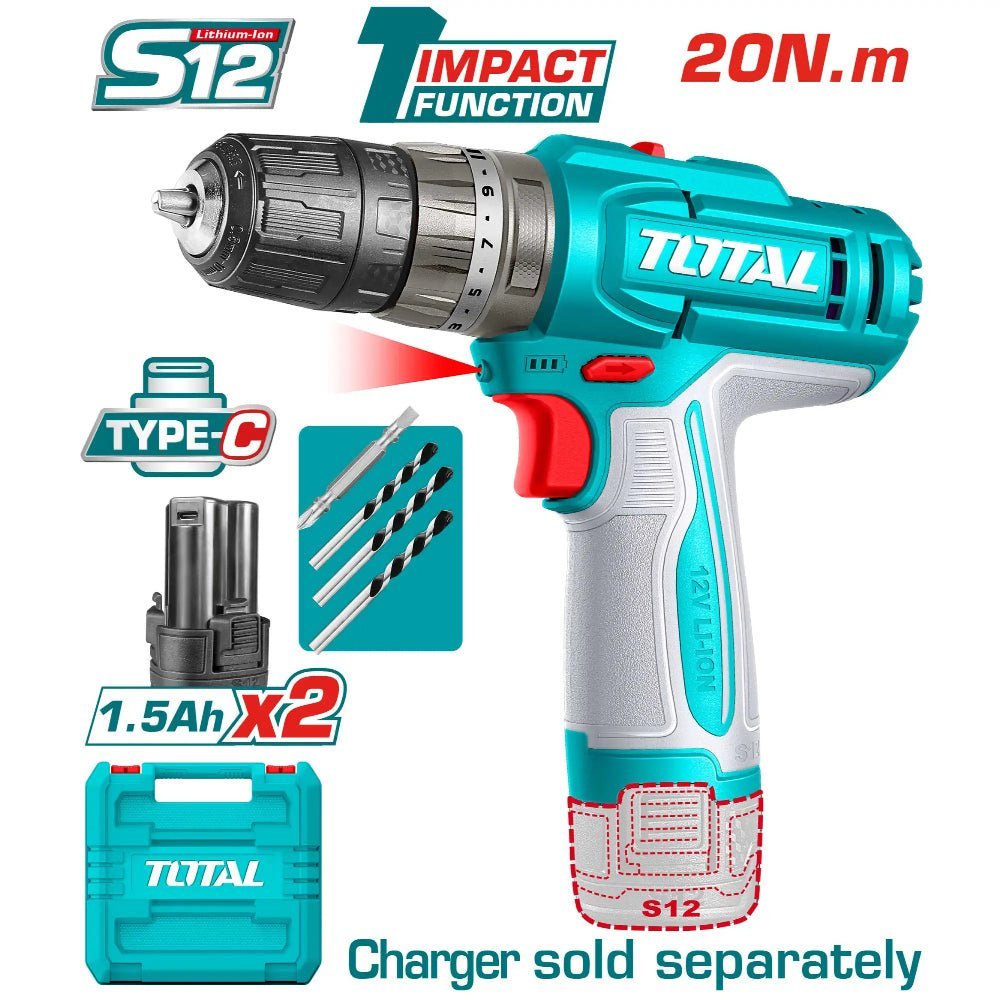 TOTAL visseuse perc 12V 3 en 1 1,5Ah deux batteries avec 3 mèches TIDLI12206 - SME IMPORT
