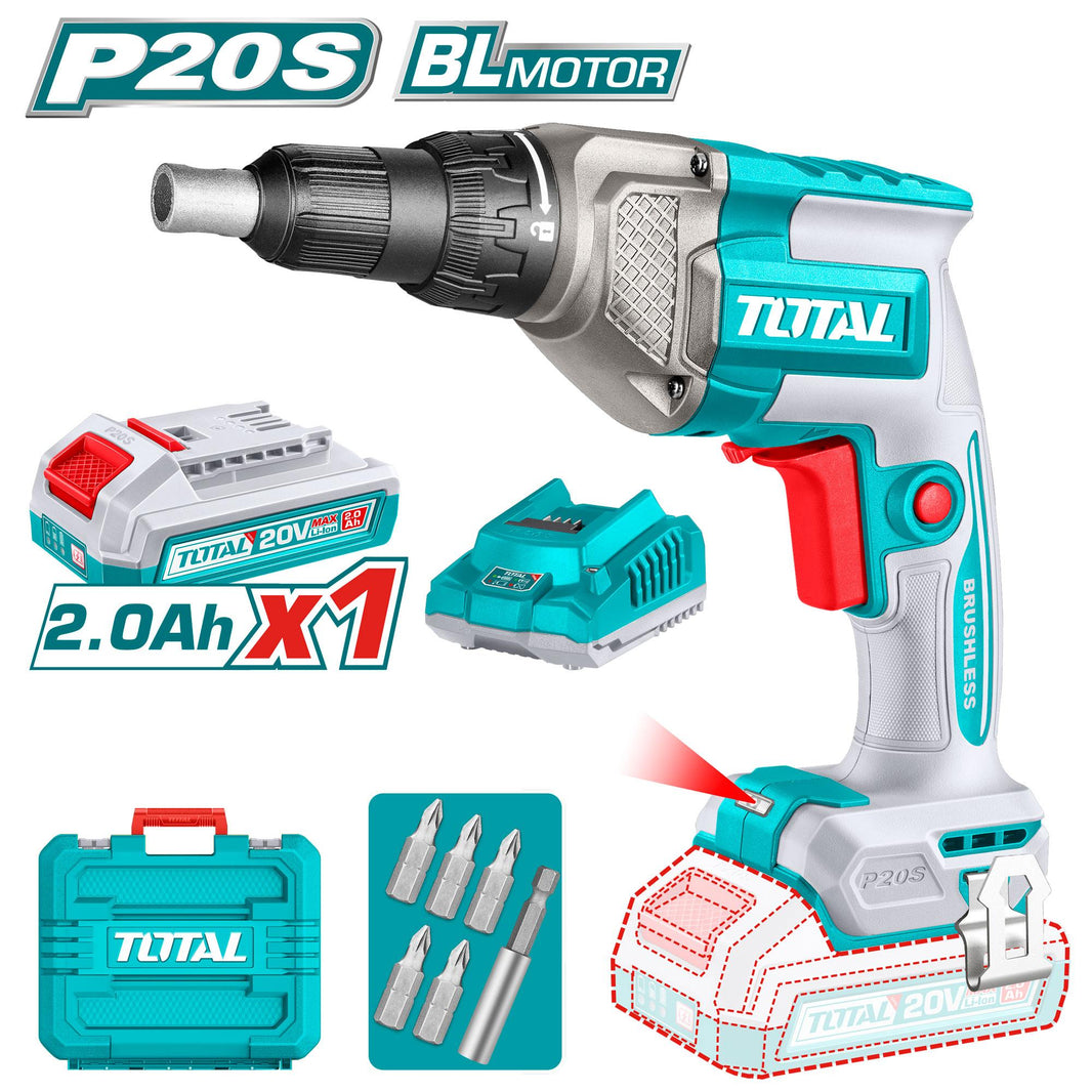 TOTAL visseuse plaquiste sans fil 20V brushless P20S 2,0Ah TDSLI204281 - SME IMPORT