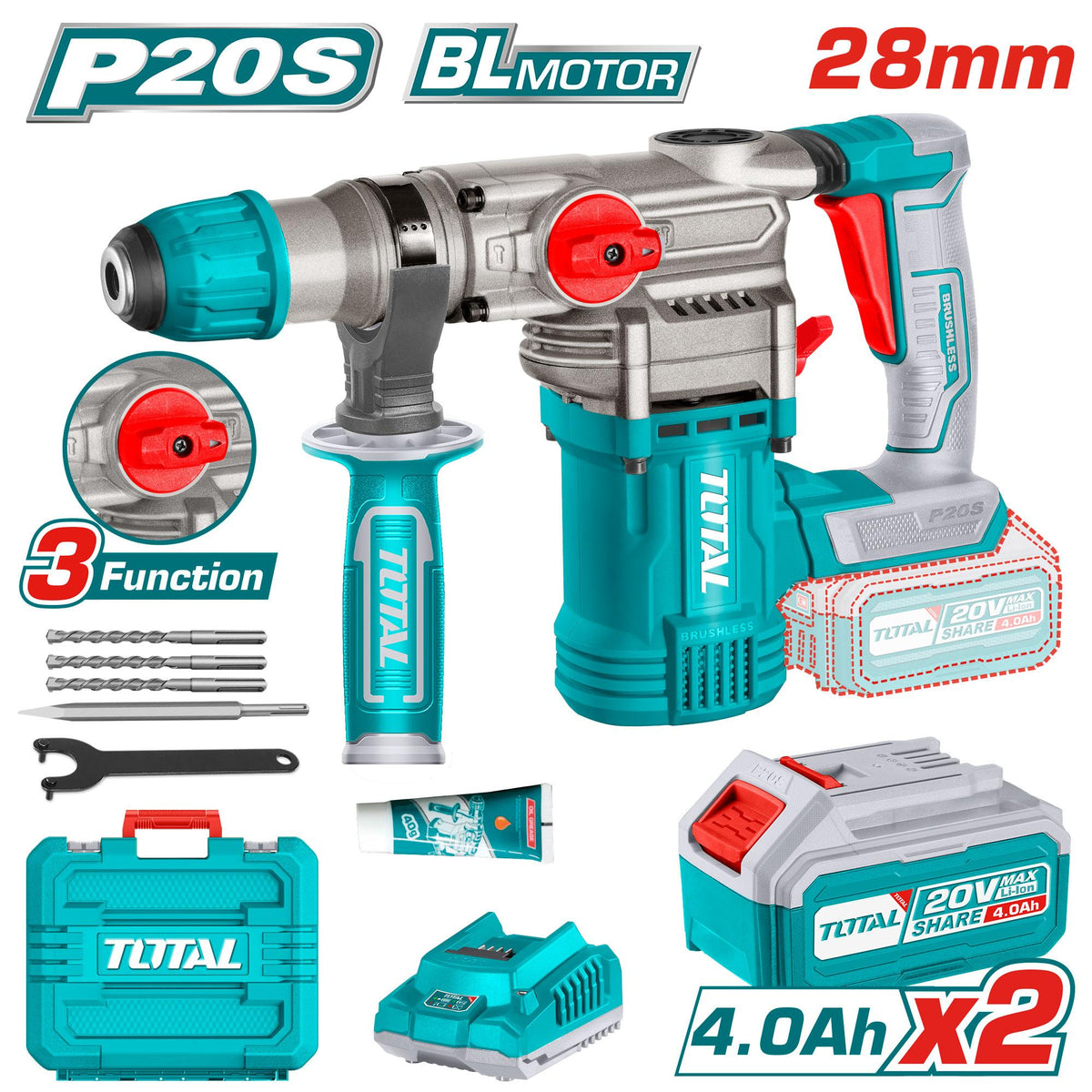 TRHLI202882 Marteau Perforateur TOTAL 20V SDS Plus 28mm Kit - SME IMPORT