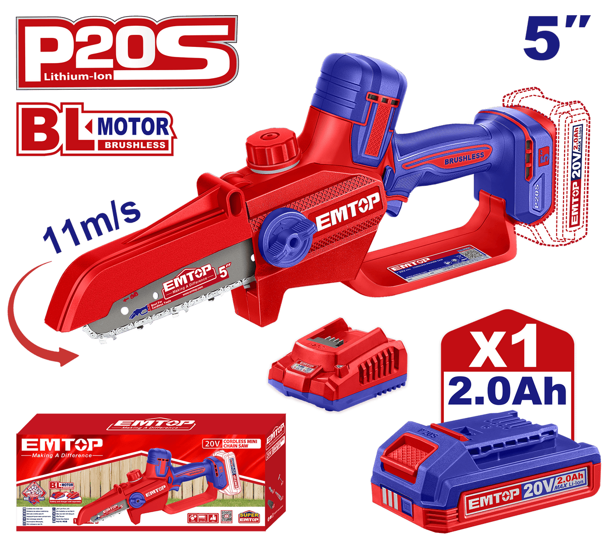 Tronçonneuse a chaine 20V 1B2A 13 EMTOP ELGA20561 - SME IMPORT
