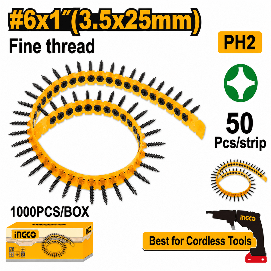 Vis pour plaques de plâtre sur bande INGCO – 3,5 × 25 mm ANA19251 - SME IMPORT