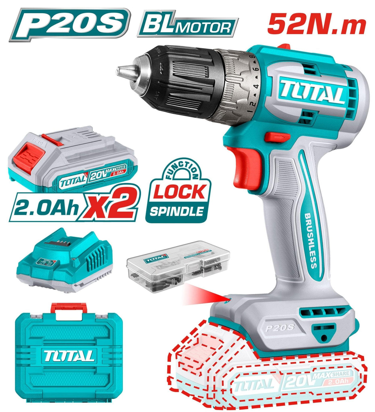 Visseuse 52Nm brushless 20V TOTAL puissant TDLI20453 - SME IMPORT